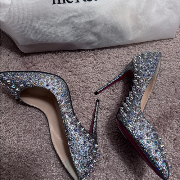 RARE Christian Louboutin Studded Silver & Suede Holographic Heels - Picture 12 of 16